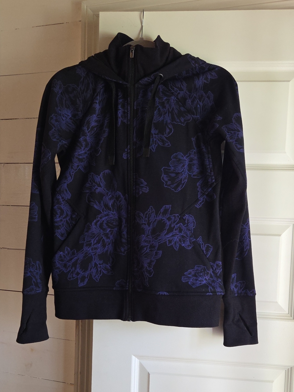 Athleta Black Zip Hoodie with Purple Floral Print